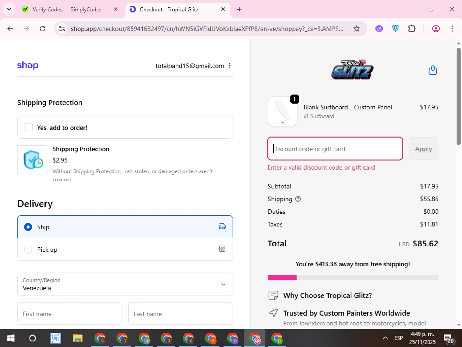 Tropical Glitz discount code screenshot showing code GLITZ15 applied at Tropical Glitz checkout page. Uploaded by SimplyCodes community member QuestCurator1644 on Nov 25, 2025
