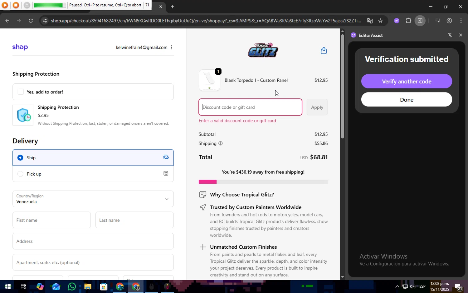 Tropical Glitz discount code screenshot showing code HONOR applied at Tropical Glitz checkout page. Uploaded by SimplyCodes community member Freeman on Nov 15, 2025