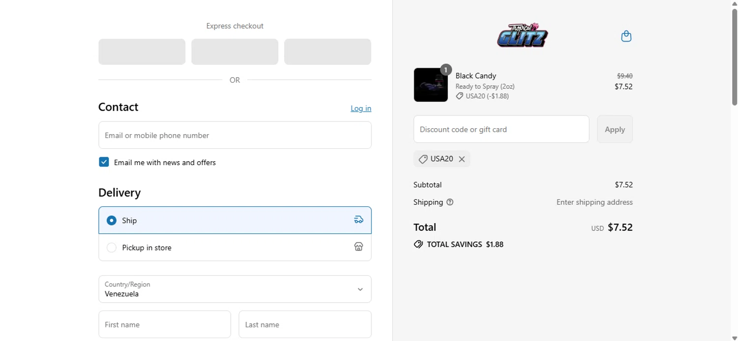 Tropical Glitz discount code screenshot showing code USA20 applied at Tropical Glitz checkout page. Uploaded by SimplyCodes community member anosesmith on Jul 2, 2025