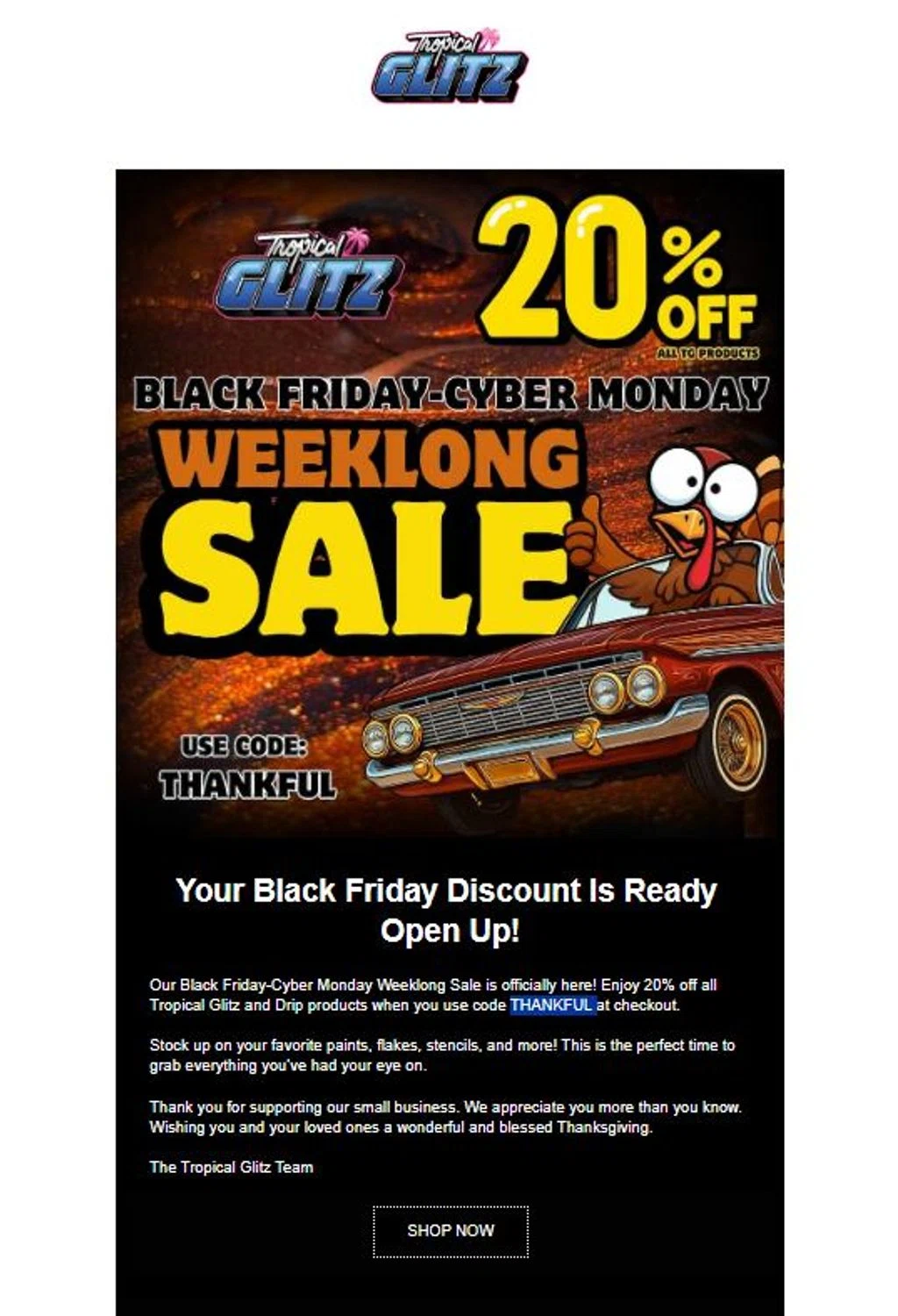 Tropical Glitz discount code screenshot showing code THANKFUL applied at Tropical Glitz checkout page. Uploaded by SimplyCodes community member stygian1 on Nov 28, 2025