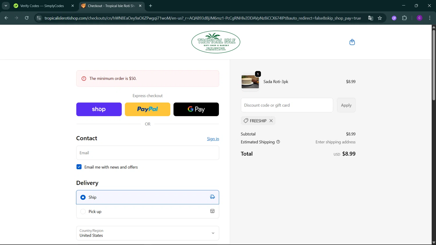 Tropical Isle Roti Shop and Bakery promo code screenshot showing code FREESHIP applied at Tropical Isle Roti Shop and Bakery checkout page. Uploaded by SimplyCodes community member GoldSeeker3096 on Jan 31, 2026