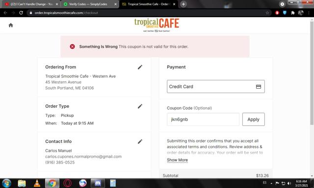 Tropical Smoothie Cafe checkout page showing Tropical Smoothie Cafe promo code box | Screenshot taken by SimplyCodes community member on Mar 27, 2021
