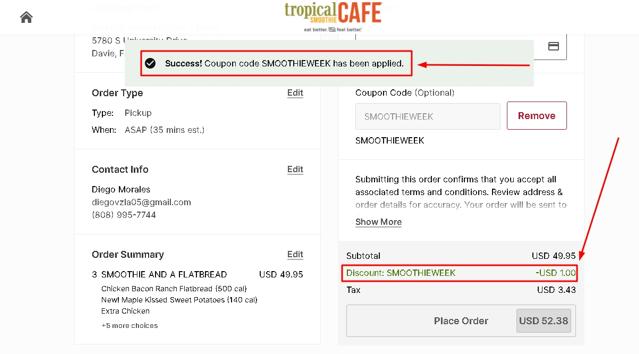Tropical Smoothie Cafe checkout page showing Tropical Smoothie Cafe promo code box | Screenshot taken by SimplyCodes community member on Jun 25, 2021