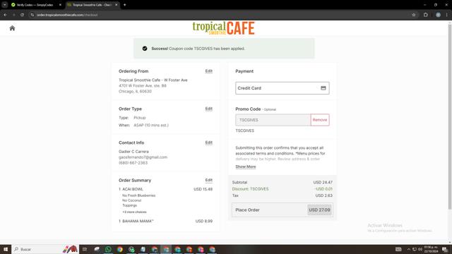 Tropical Smoothie Cafe checkout page showing Tropical Smoothie Cafe promo code box | Screenshot taken by SimplyCodes community member on Oct 22, 2024