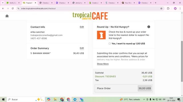 Tropical Smoothie Cafe checkout page showing Tropical Smoothie Cafe promo code box | Screenshot taken by SimplyCodes community member on Nov 20, 2024