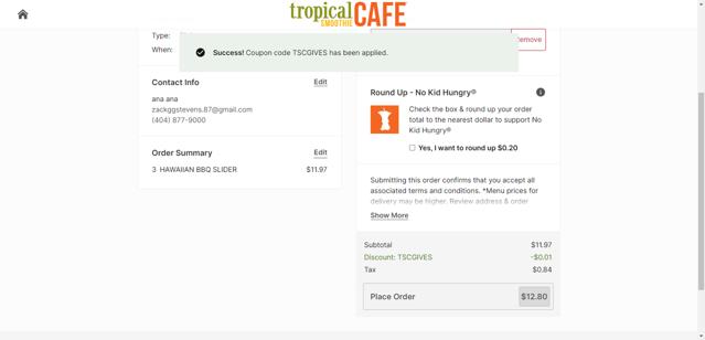 Tropical Smoothie Cafe checkout page showing Tropical Smoothie Cafe promo code box | Screenshot taken by SimplyCodes community member on Nov 20, 2024