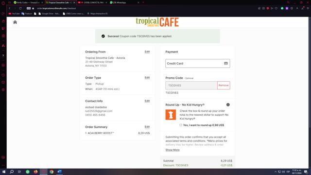 Tropical Smoothie Cafe checkout page showing Tropical Smoothie Cafe promo code box | Screenshot taken by SimplyCodes community member on Nov 20, 2024