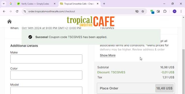 Tropical Smoothie Cafe checkout page showing Tropical Smoothie Cafe promo code box | Screenshot taken by SimplyCodes community member on Oct 1, 2024