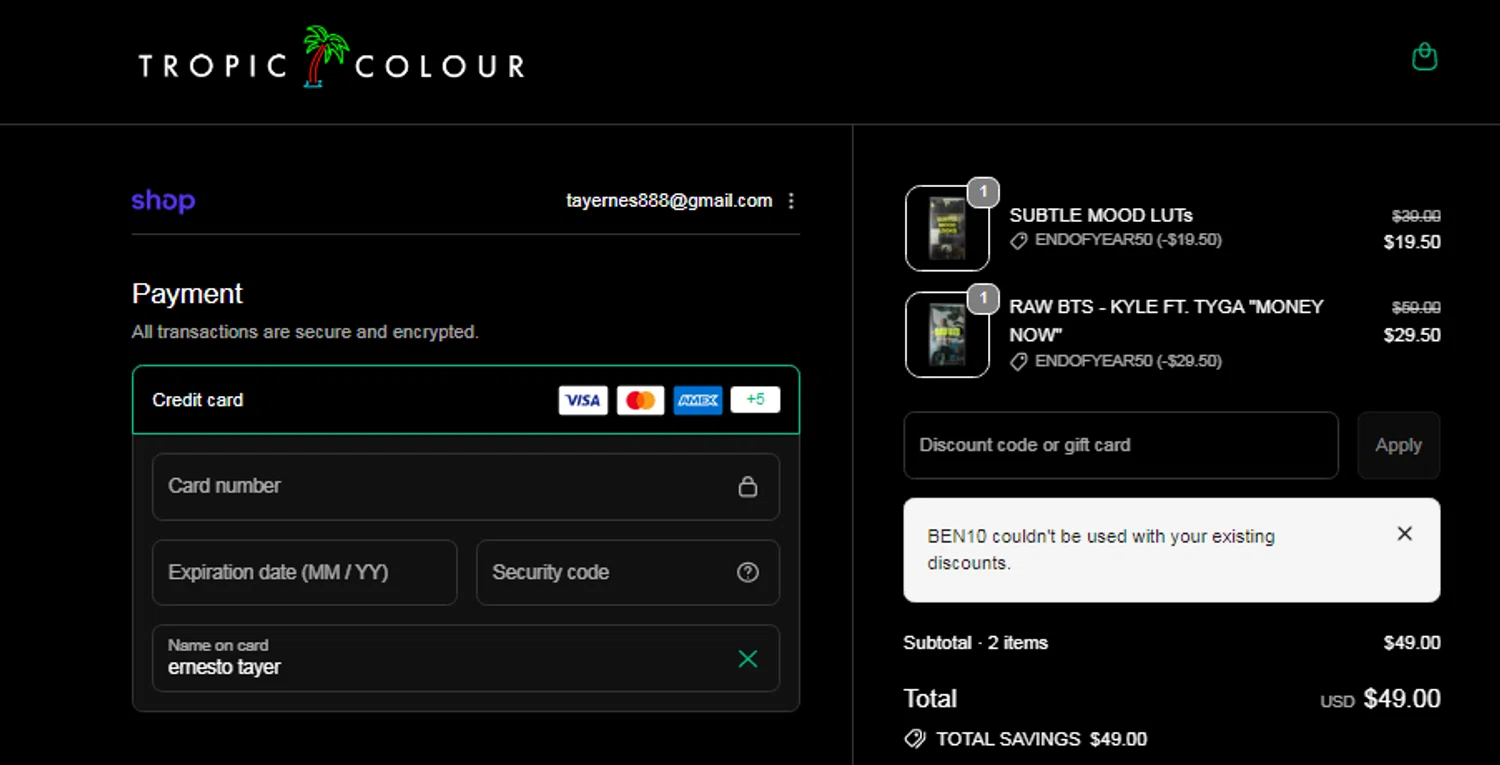 Tropic Colour promo code screenshot showing code BEN10 applied at Tropic Colour checkout page. Uploaded by SimplyCodes community member CURTIS on Jan 8, 2026
