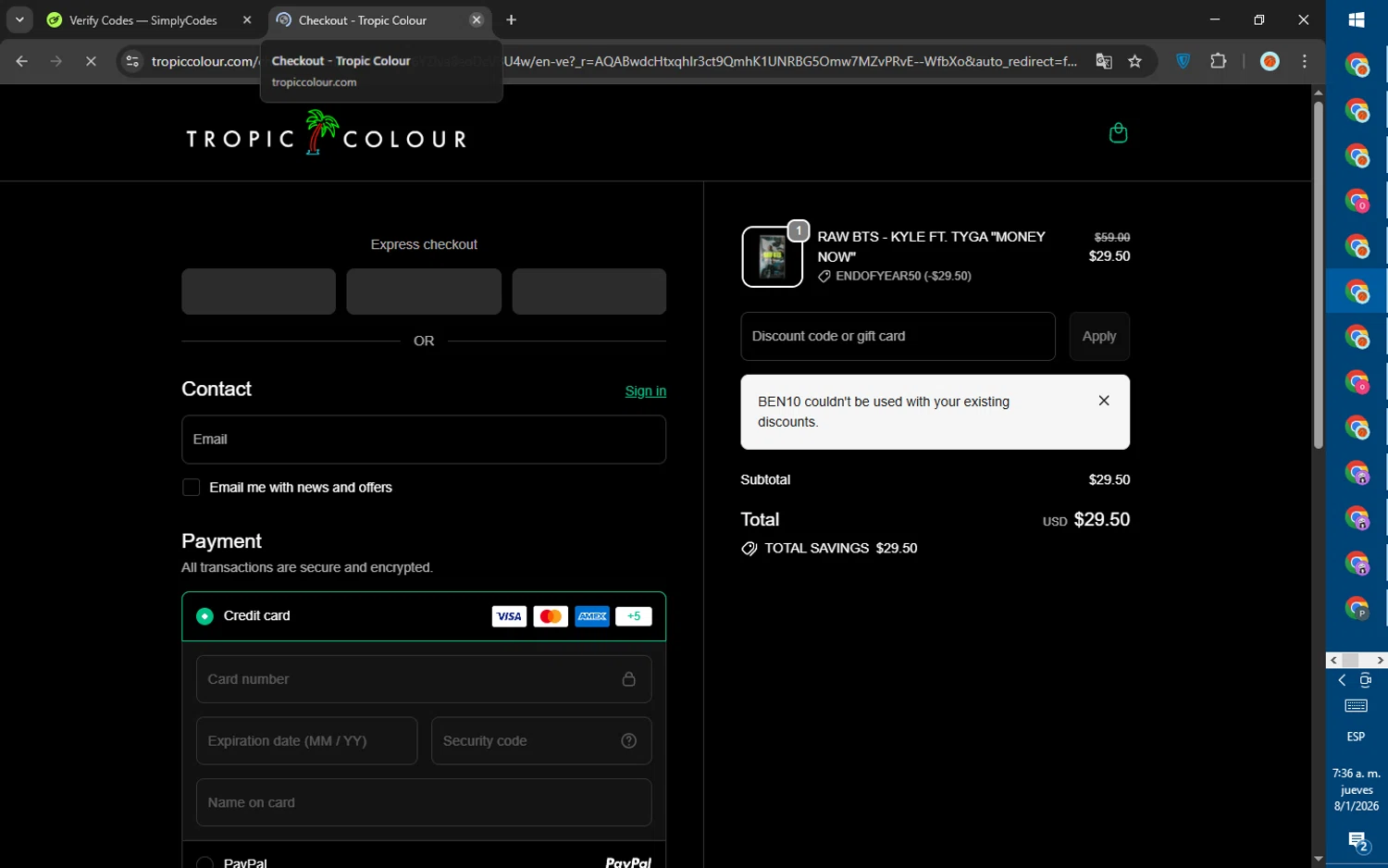 Tropic Colour promo code screenshot showing code BEN10 applied at Tropic Colour checkout page. Uploaded by SimplyCodes community member SalePhoenix823 on Jan 8, 2026