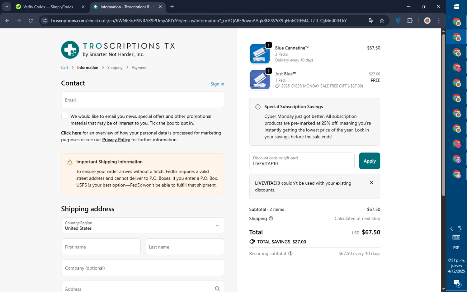 Troscriptions discount code screenshot showing code LIVEVITAE10 applied at Troscriptions checkout page. Uploaded by SimplyCodes community member GoldPilot5958 on Dec 5, 2025