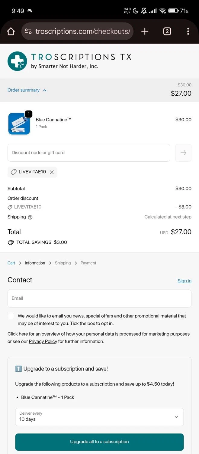 Troscriptions discount code screenshot showing code LIVEVITAE10 applied at Troscriptions checkout page. Uploaded by SimplyCodes community member Lhhfhii on Nov 2, 2025