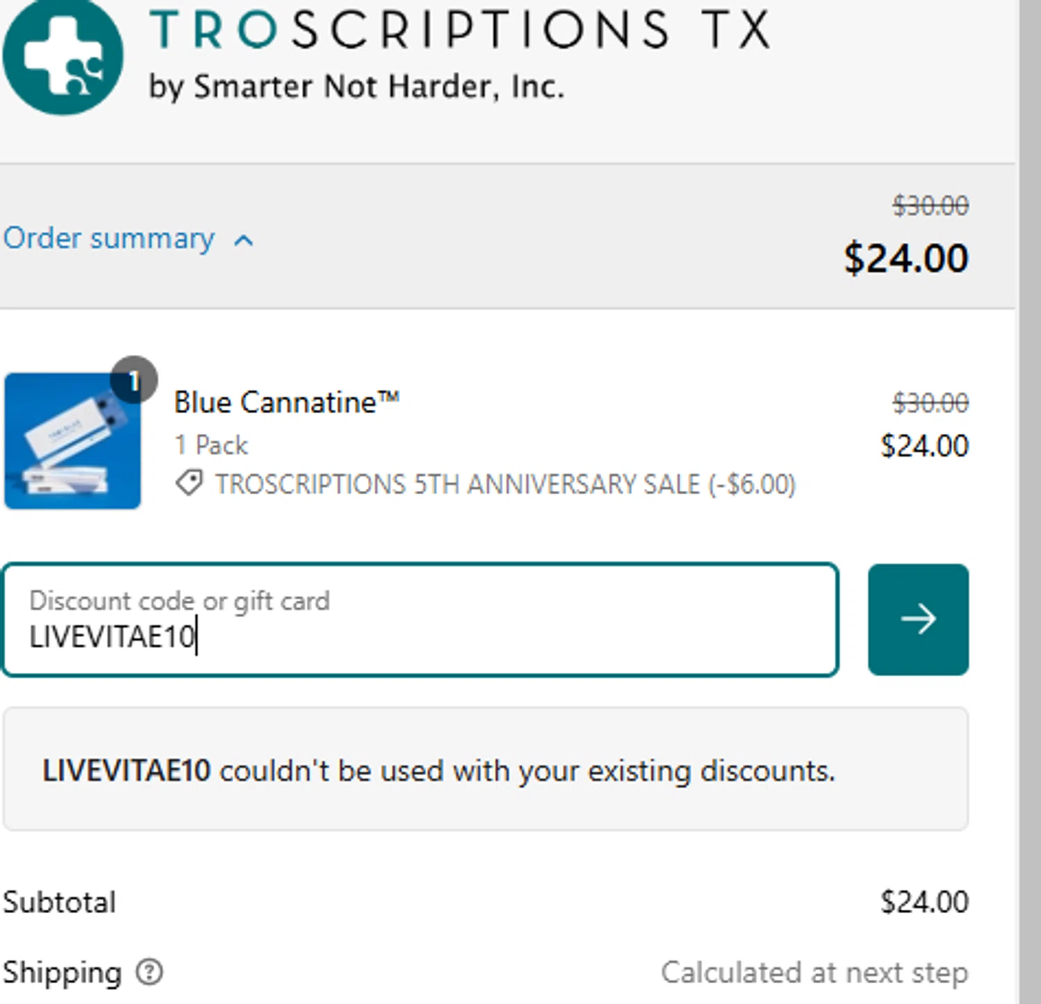 Troscriptions discount code screenshot showing code LIVEVITAE10 applied at Troscriptions checkout page. Uploaded by SimplyCodes community member CouponBoss1854 on Feb 26, 2025