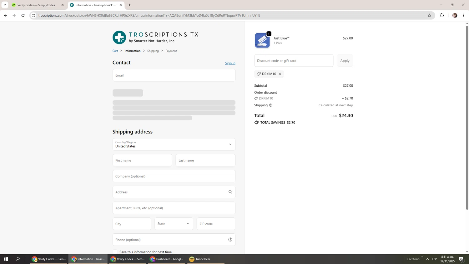 Troscriptions discount code screenshot showing code Drkim10 applied at Troscriptions checkout page. Uploaded by SimplyCodes community member Levi_Ackerman on Nov 14, 2025
