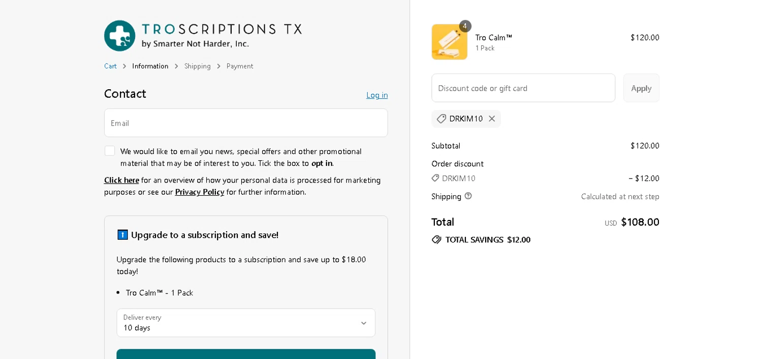Troscriptions discount code screenshot showing code Drkim10 applied at Troscriptions checkout page. Uploaded by SimplyCodes community member xHRxUltrax on Jul 31, 2025