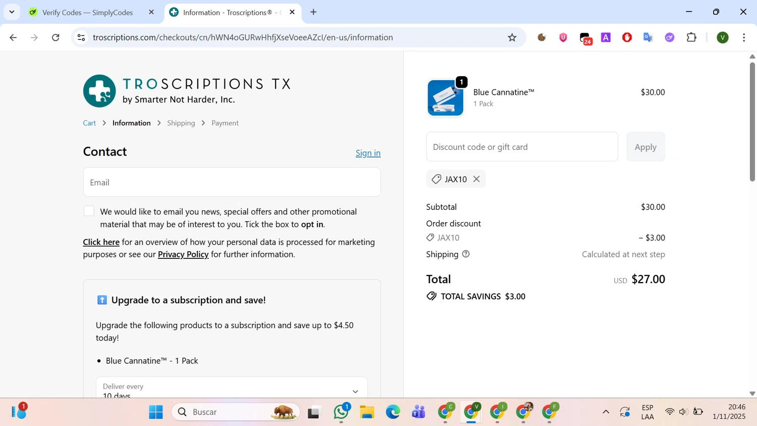 Troscriptions discount code screenshot showing code JAX10 applied at Troscriptions checkout page. Uploaded by SimplyCodes community member SilverCollector8265 on Nov 2, 2025