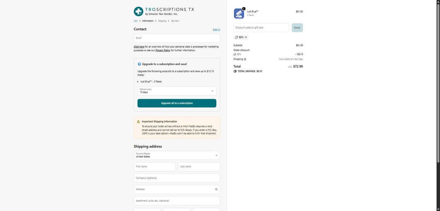 Troscriptions checkout page showing Troscriptions discount code box | Screenshot taken by SimplyCodes community member on Feb 13, 2026