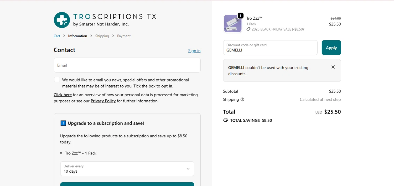 Troscriptions discount code screenshot showing code GEMELLI applied at Troscriptions checkout page. Uploaded by SimplyCodes community member CashAce9852 on Nov 24, 2025
