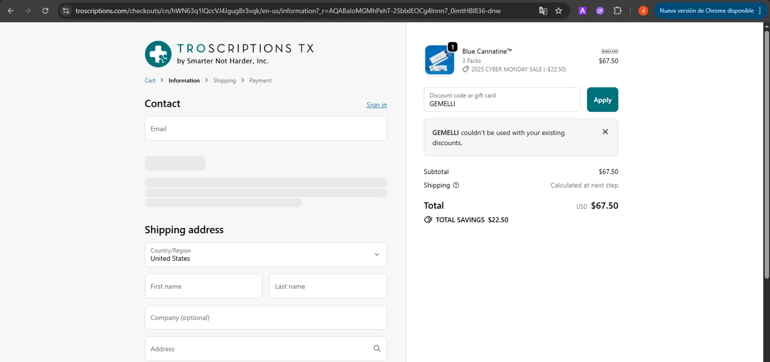 Troscriptions discount code screenshot showing code GEMELLI applied at Troscriptions checkout page. Uploaded by SimplyCodes community member ShieldAce8475 on Dec 5, 2025