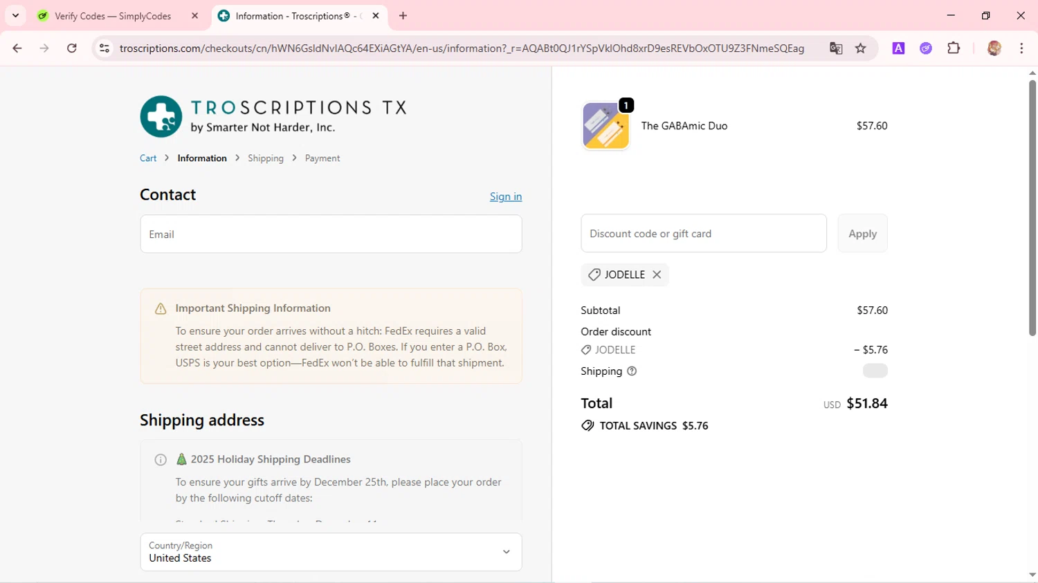 Troscriptions discount code screenshot showing code jodelle applied at Troscriptions checkout page. Uploaded by SimplyCodes community member FortunatePilot2384 on Dec 10, 2025