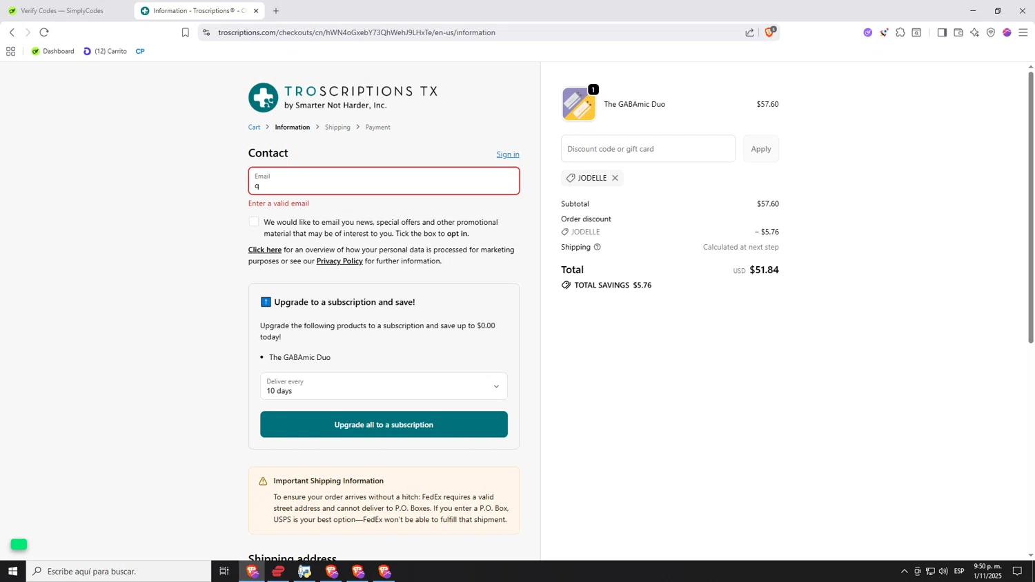 Troscriptions discount code screenshot showing code jodelle applied at Troscriptions checkout page. Uploaded by SimplyCodes community member Nezukooo on Nov 2, 2025
