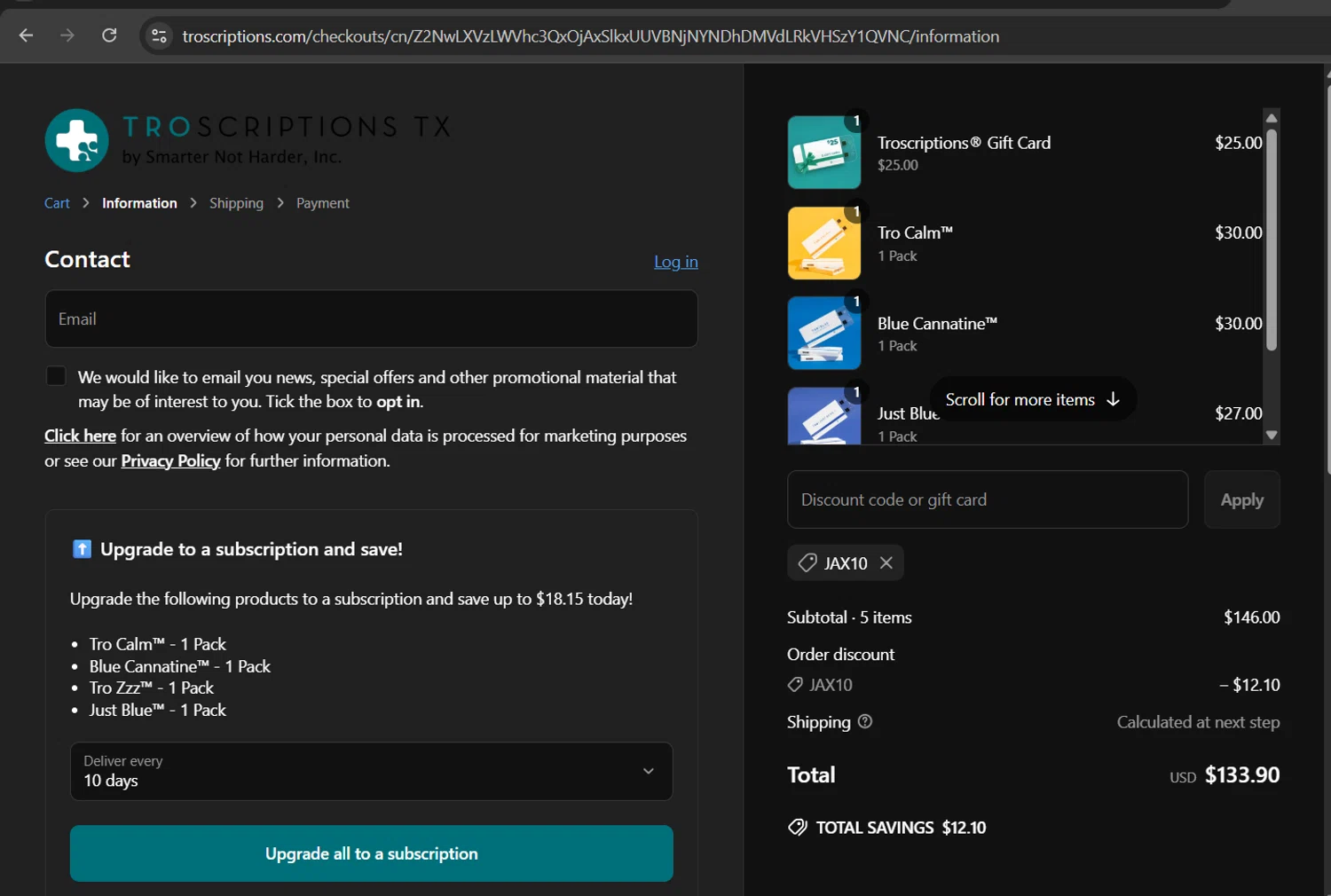 Troscriptions discount code screenshot showing code JAX10 applied at Troscriptions checkout page. Uploaded by SimplyCodes community member ScanHunter7116 on Jun 18, 2025