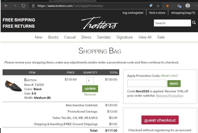Trotters checkout page showing Trotters promo code box | Screenshot taken by SimplyCodes community member on Nov 1, 2020