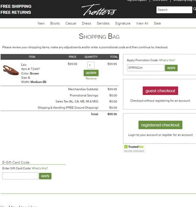 Trotters checkout page showing Trotters promo code box | Screenshot taken by SimplyCodes community member on Apr 10, 2024