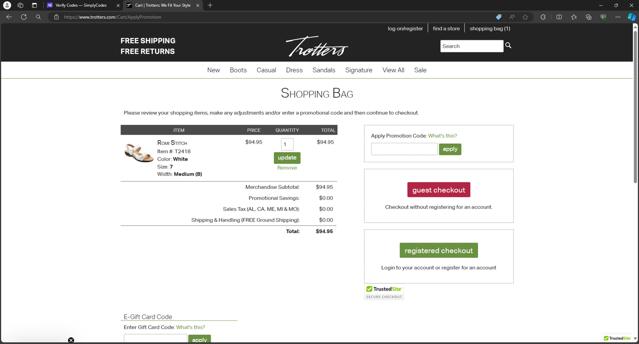 Trotters checkout page showing Trotters promo code box | Screenshot taken by SimplyCodes community member on Apr 10, 2024