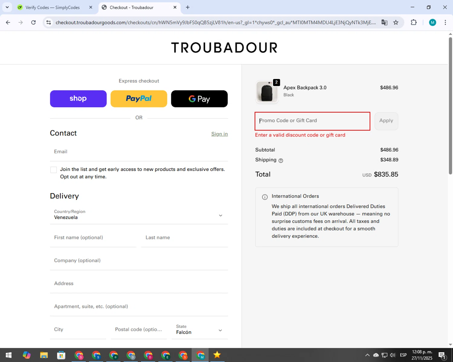 Troubadour Goods discount code screenshot showing code TBR01525 applied at Troubadour Goods checkout page. Uploaded by SimplyCodes community member 000005 on Nov 27, 2025