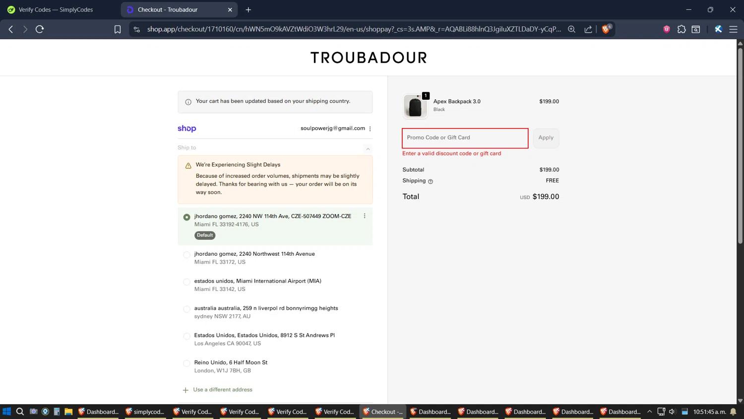 Troubadour Goods discount code screenshot showing code TBR01525 applied at Troubadour Goods checkout page. Uploaded by SimplyCodes community member jhordano on Nov 27, 2025