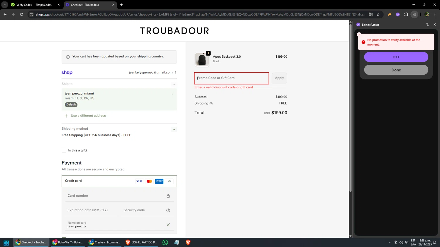 Troubadour Goods discount code screenshot showing code TBR01525 applied at Troubadour Goods checkout page. Uploaded by SimplyCodes community member yonaiker on Nov 27, 2025