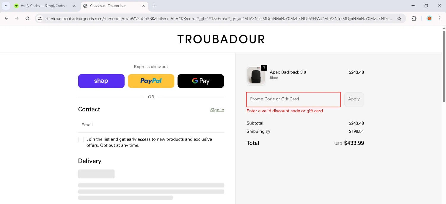 Troubadour Goods discount code screenshot showing code TBR02025 applied at Troubadour Goods checkout page. Uploaded by SimplyCodes community member RoyalMaverick7546 on Nov 28, 2025