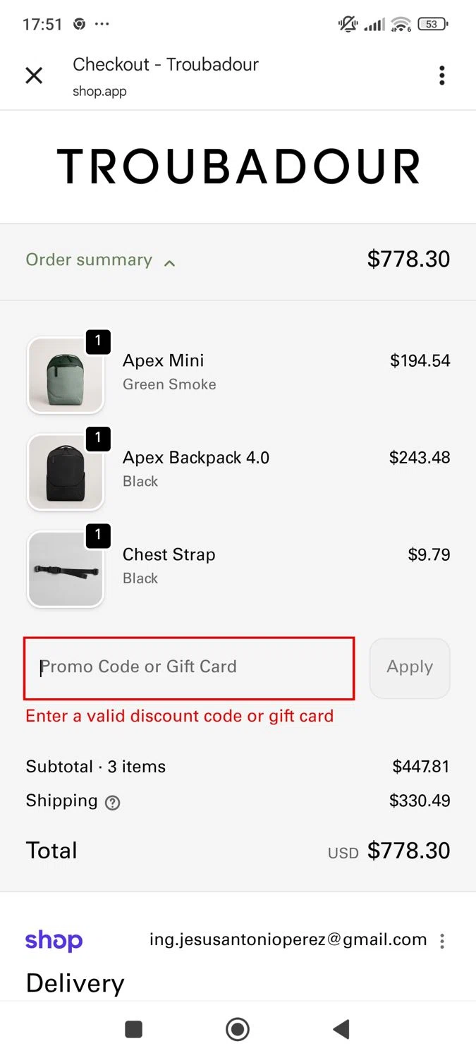 Troubadour Goods discount code screenshot showing code TBR02025 applied at Troubadour Goods checkout page. Uploaded by SimplyCodes community member ShieldWhiz4659 on Nov 28, 2025