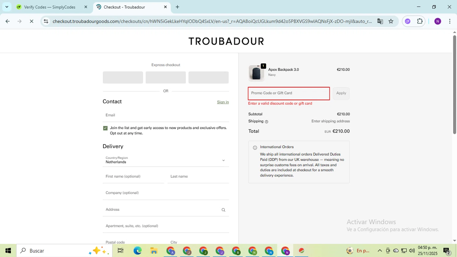 Troubadour Goods discount code screenshot showing code EARLYSHOP20 applied at Troubadour Goods checkout page. Uploaded by SimplyCodes community member QuestOwl9632 on Nov 25, 2025