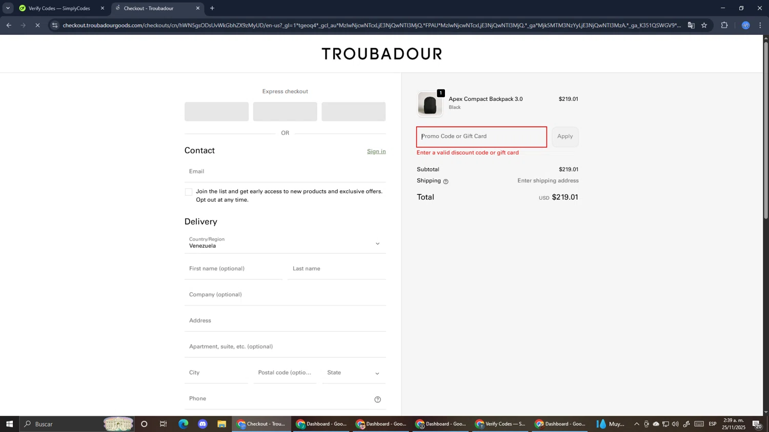 Troubadour Goods discount code screenshot showing code EARLYSHOP20 applied at Troubadour Goods checkout page. Uploaded by SimplyCodes community member RoyalExpert3857 on Nov 25, 2025