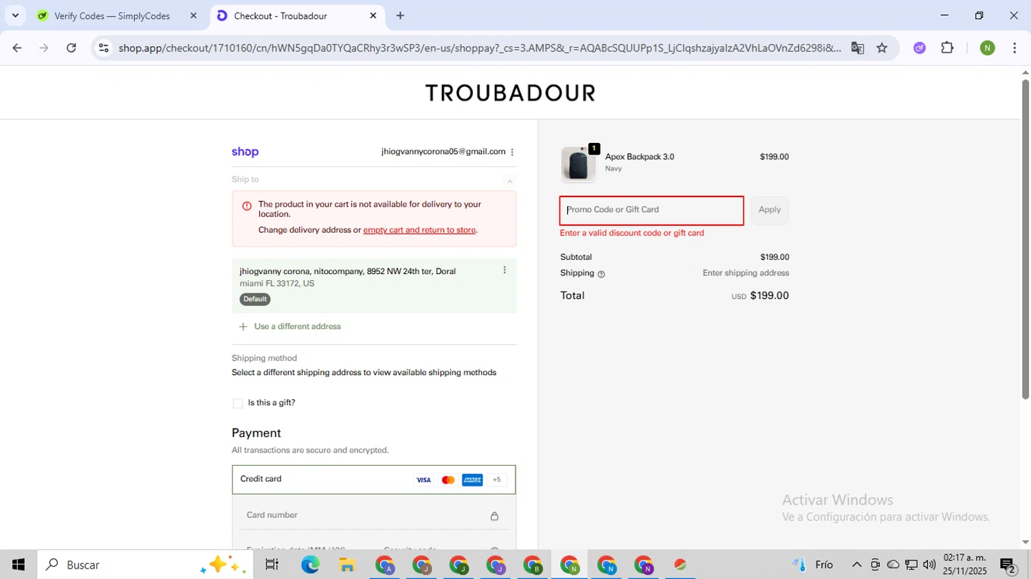 Troubadour Goods discount code screenshot showing code EARLYSHOP20 applied at Troubadour Goods checkout page. Uploaded by SimplyCodes community member TokenMaverick6956 on Nov 25, 2025
