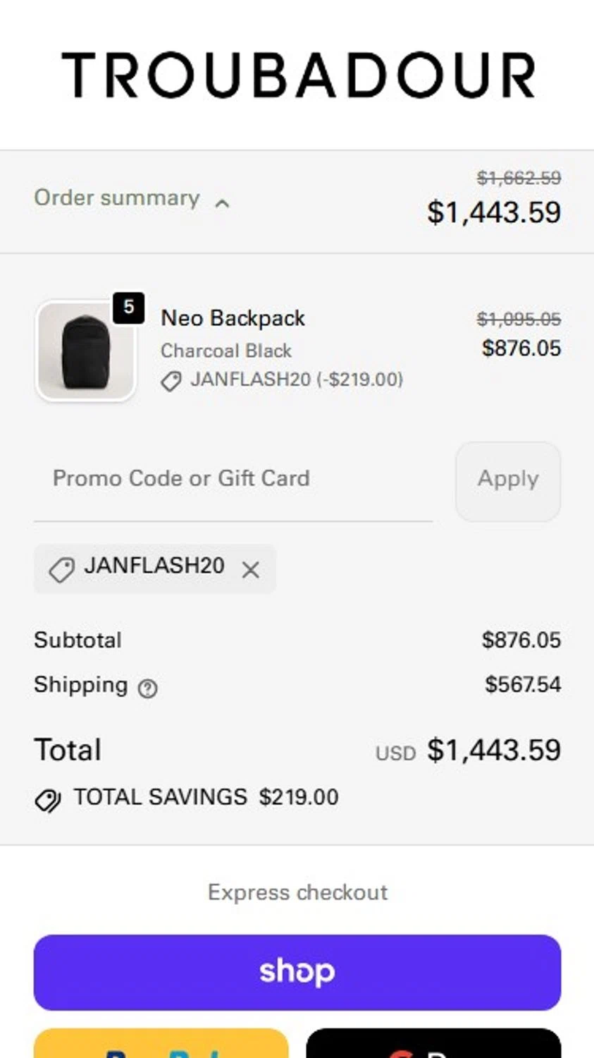 Troubadour Goods discount code screenshot showing code JANFLASH20 applied at Troubadour Goods checkout page. Uploaded by SimplyCodes community member RonaldoM32 on Jan 24, 2026