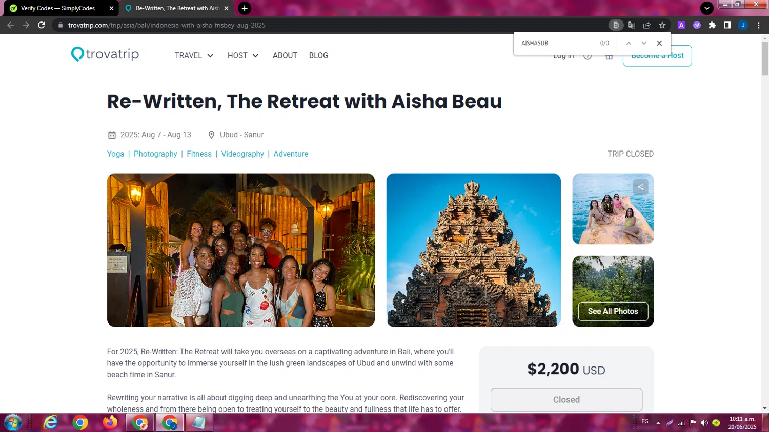 TrovaTrip discount code screenshot showing code AISHASUB applied at TrovaTrip checkout page. Uploaded by SimplyCodes community member ExtraordinaryPhoenix9295 on Jun 20, 2025