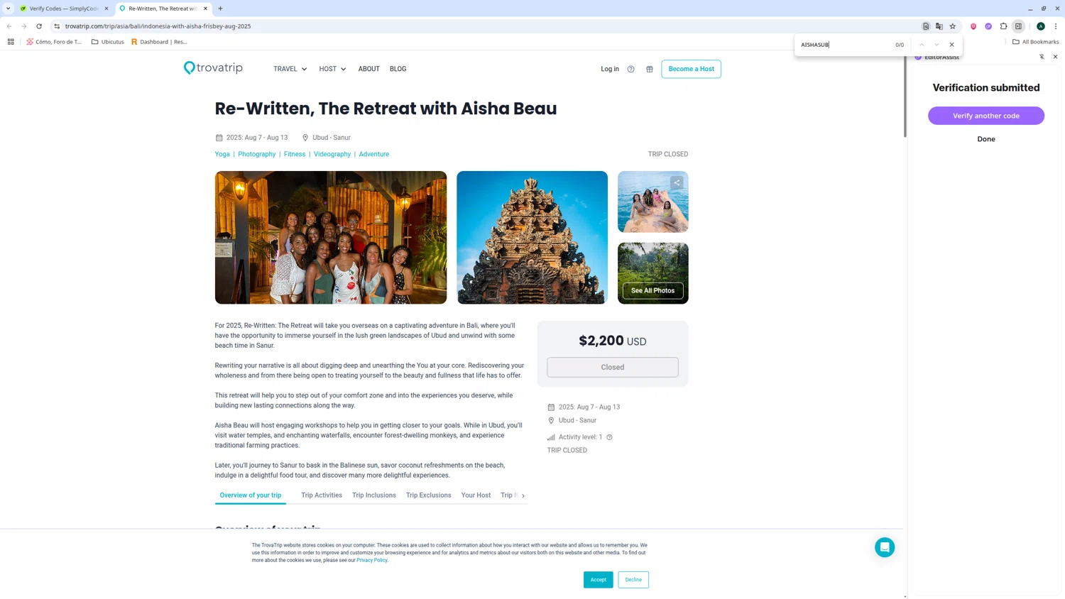 TrovaTrip discount code screenshot showing code AISHASUB applied at TrovaTrip checkout page. Uploaded by SimplyCodes community member admeneses on Jun 20, 2025