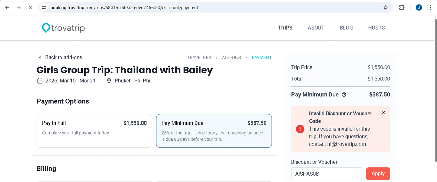 TrovaTrip discount code screenshot showing code AISHASUB applied at TrovaTrip checkout page. Uploaded by SimplyCodes community member josecaraballo1 on Jun 20, 2025