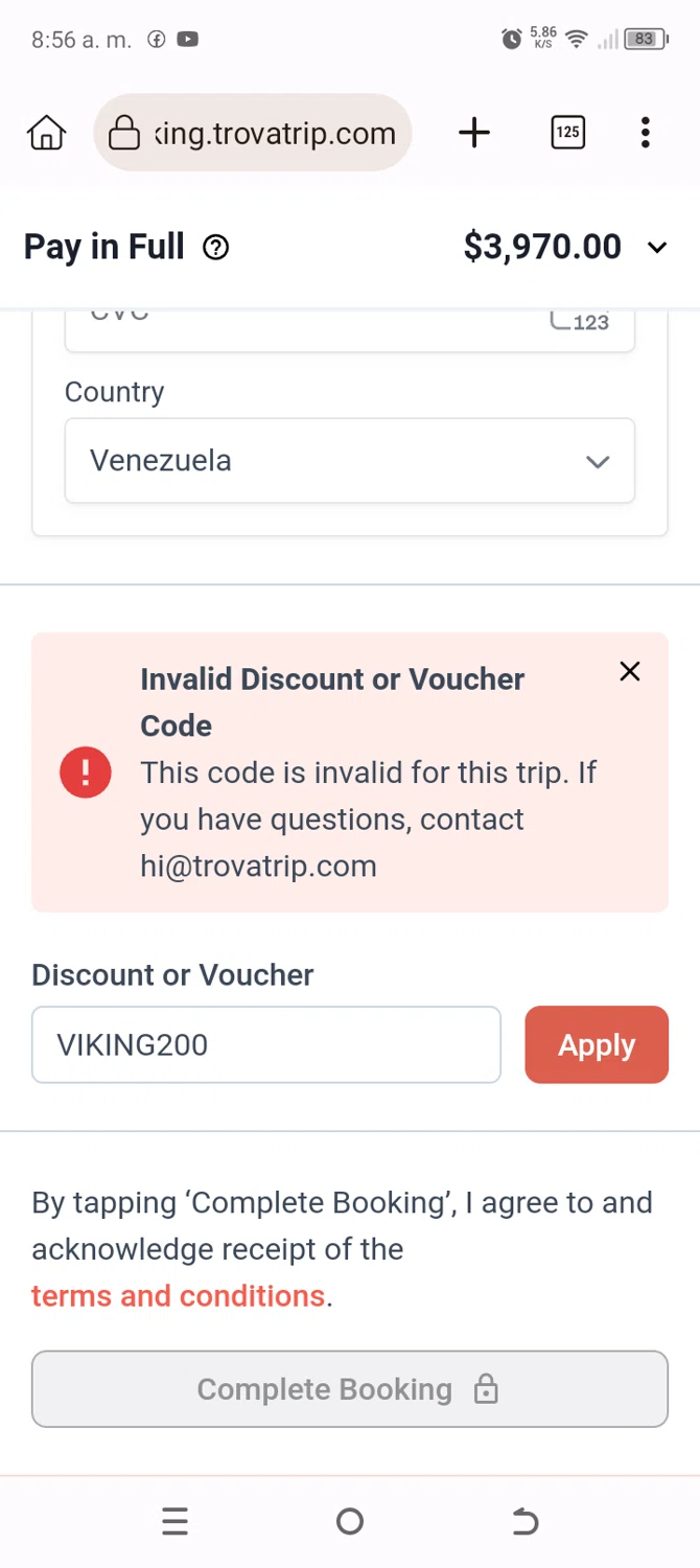TrovaTrip discount code screenshot showing code VIKING200 applied at TrovaTrip checkout page. Uploaded by SimplyCodes community member BonusChaser4306 on Sep 11, 2025