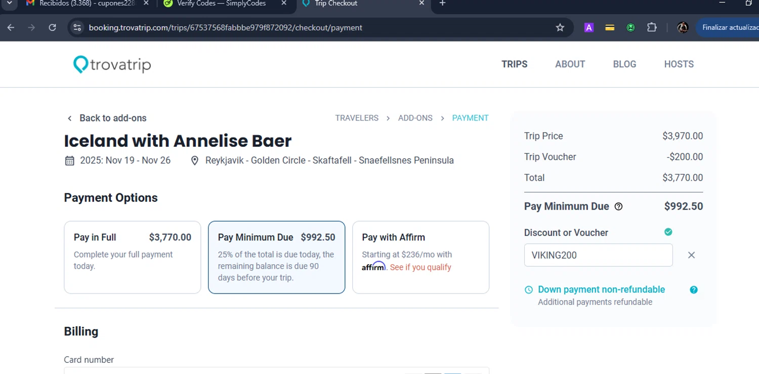 TrovaTrip checkout page showing TrovaTrip discount code box | Screenshot taken by SimplyCodes community member on Jun 4, 2025
