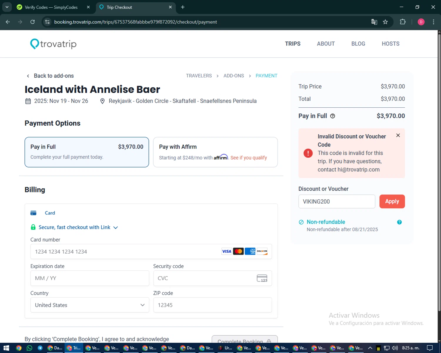 TrovaTrip discount code screenshot showing code VIKING200 applied at TrovaTrip checkout page. Uploaded by SimplyCodes community member MoneySeeker7165 on Sep 11, 2025