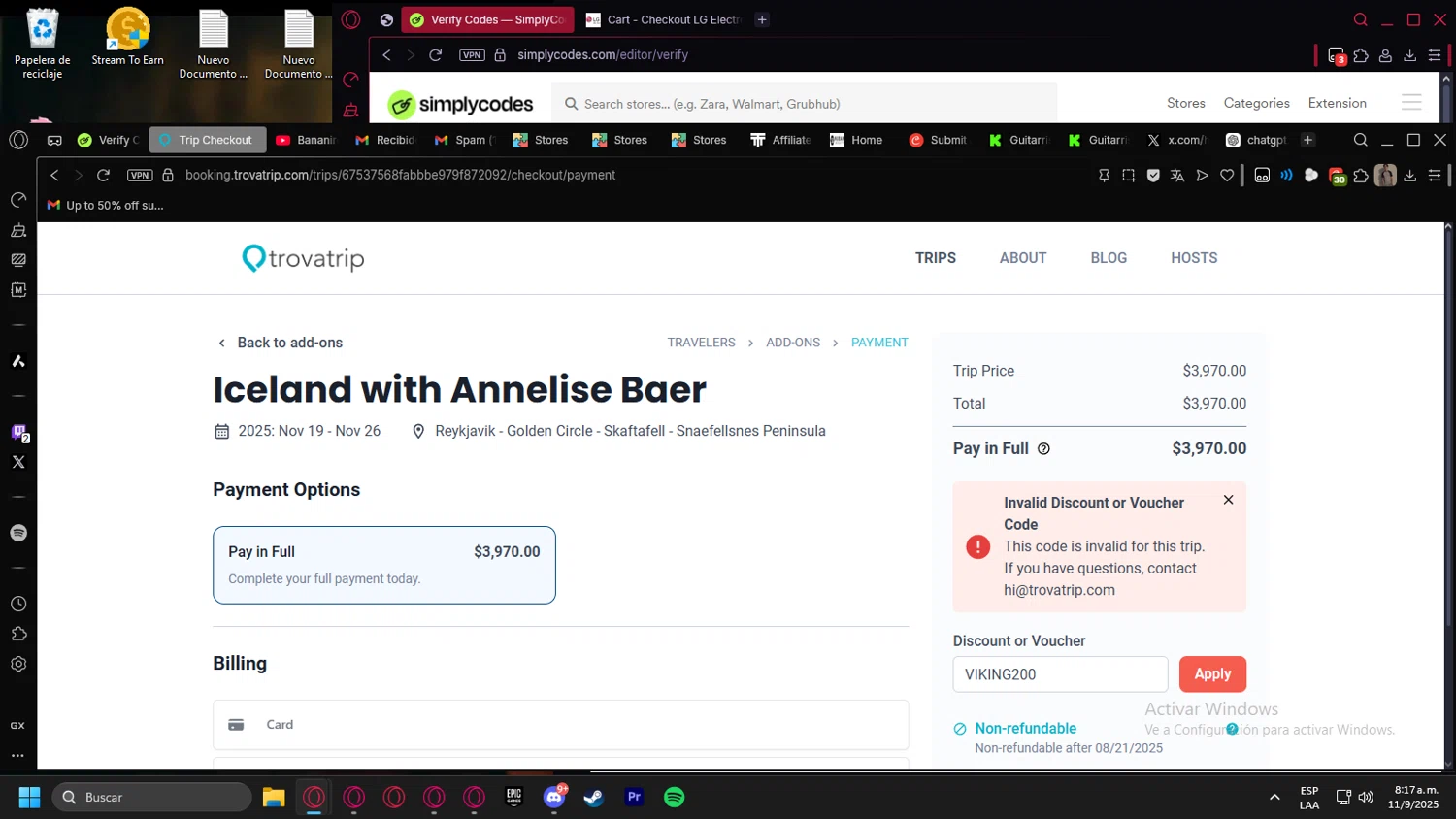 TrovaTrip discount code screenshot showing code VIKING200 applied at TrovaTrip checkout page. Uploaded by SimplyCodes community member kurcovein on Sep 11, 2025