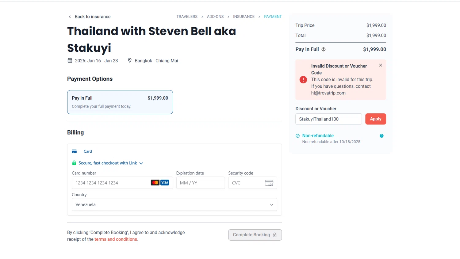 TrovaTrip discount code screenshot showing code StakuyiThailand100 applied at TrovaTrip checkout page. Uploaded by SimplyCodes community member ELEVEN on Oct 29, 2025