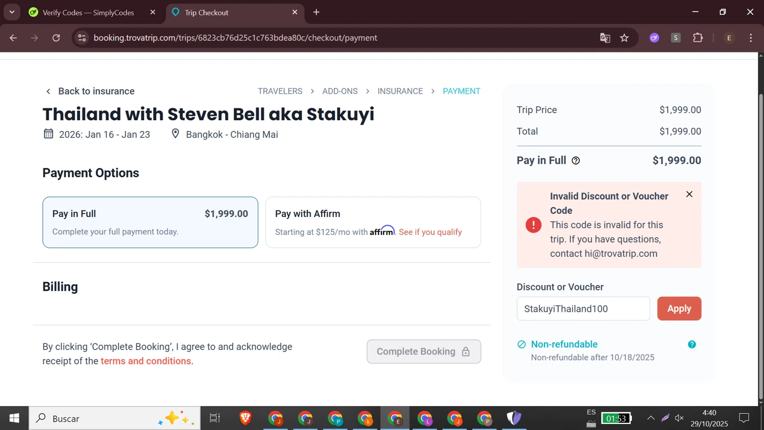 TrovaTrip discount code screenshot showing code StakuyiThailand100 applied at TrovaTrip checkout page. Uploaded by SimplyCodes community member elizabethjames on Oct 29, 2025
