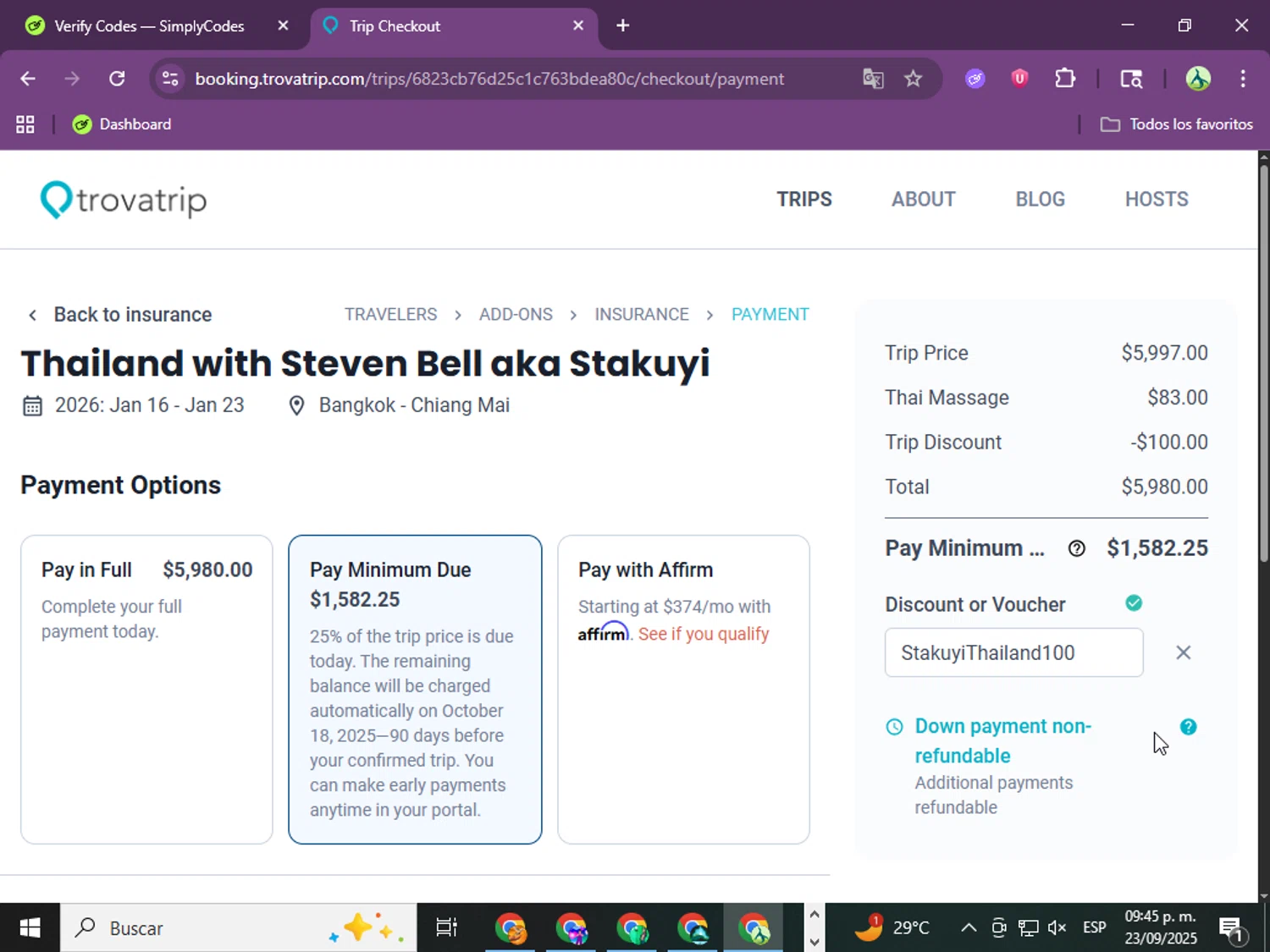 TrovaTrip discount code screenshot showing code StakuyiThailand100 applied at TrovaTrip checkout page. Uploaded by SimplyCodes community member jungrimar on Sep 24, 2025