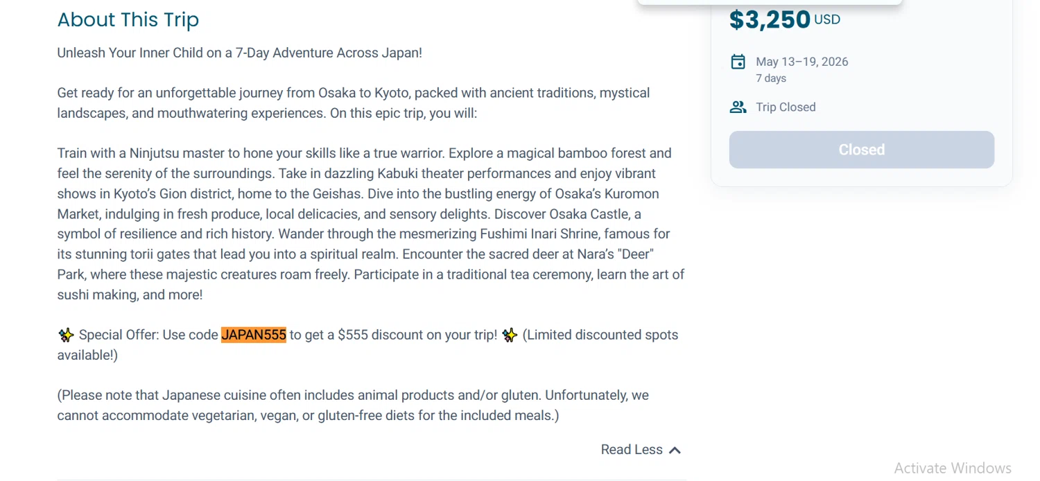 TrovaTrip discount code screenshot showing code JAPAN555 applied at TrovaTrip checkout page. Uploaded by SimplyCodes community member Lioniel on Oct 30, 2025