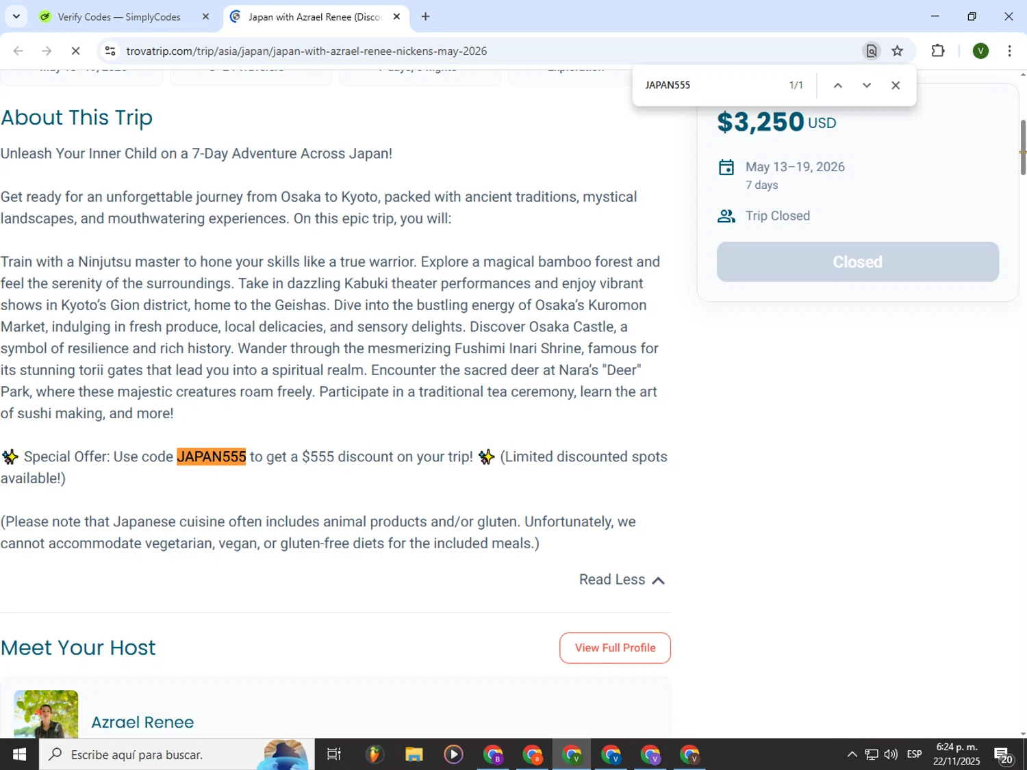 TrovaTrip discount code screenshot showing code JAPAN555 applied at TrovaTrip checkout page. Uploaded by SimplyCodes community member PrimeWizard4168 on Nov 22, 2025